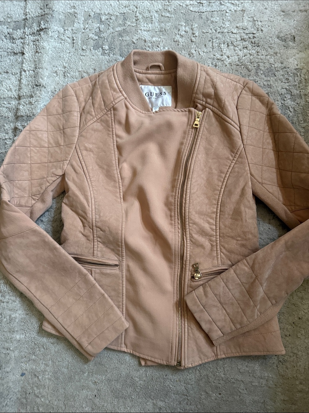 GUESS Women's Taupe Quilted Asymmetric Moto Jacket